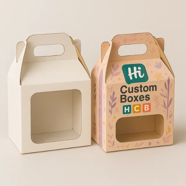 Custom gable window boxes with handle - plain kraft version on the left and full-color printed version with floral design and Hi Custom Boxes branding on the right- class=