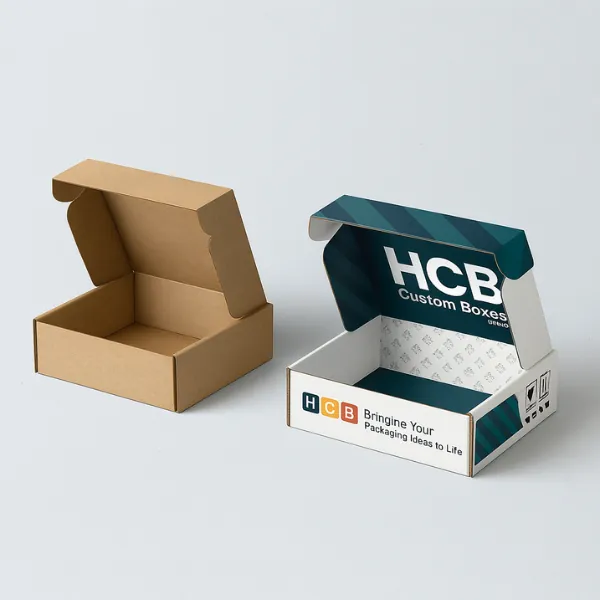 Kraft postal boxes - one plain brown- one printed with teal and white HCB branding and interior graphics-