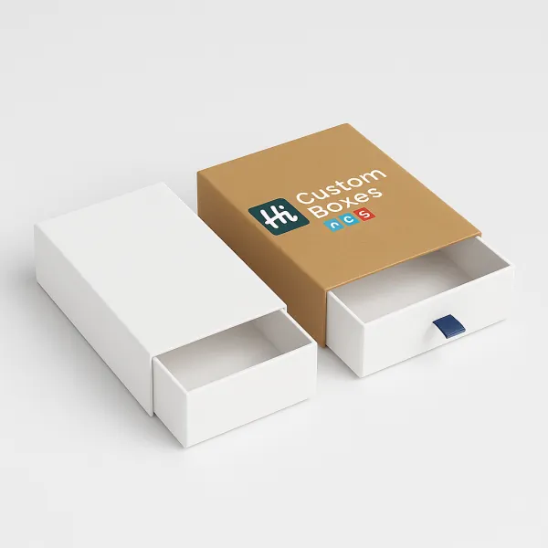Two sliding drawer boxes one plain white and one kraft sleeve box branded with Hi Custom Boxes logo class=