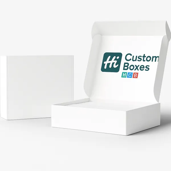 White mailer boxes one closed and one open showing Hi Custom Boxes HCB logo on the inner lid class=