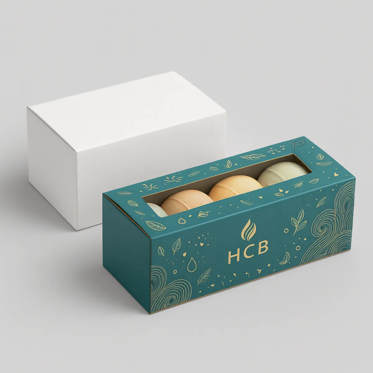 Two long rectangular boxes for bath bombs- one plain white and one printed in teal and gold with a window showing four bath bombs- class=