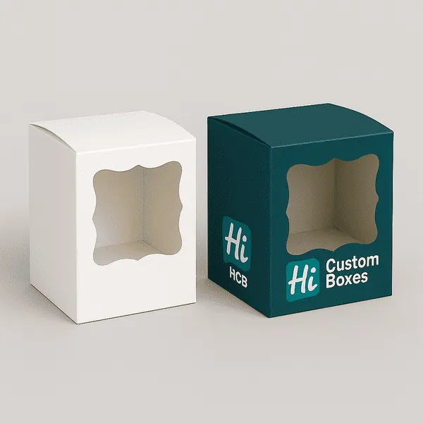 Two window boxes one plain one teal with Hi Custom Boxes and HCB logo class=
