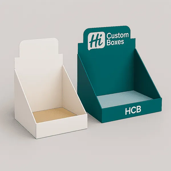 Cardboard CBD display boxes one plain one custom printed with HCB branding class=