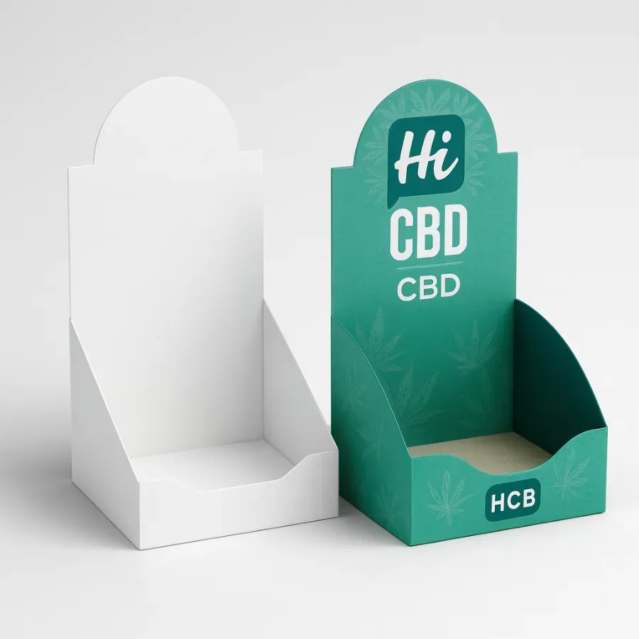 Custom CBD retail display boxes- tall header card- bright green color class=