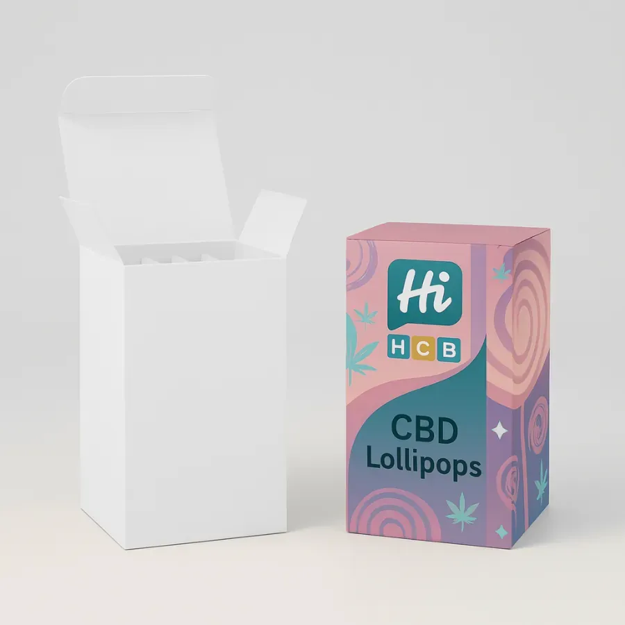 Tall tuck-top retail boxes with internal dividers- one unprinted and one colorful -Hi HCB CBD Lollipops- design-