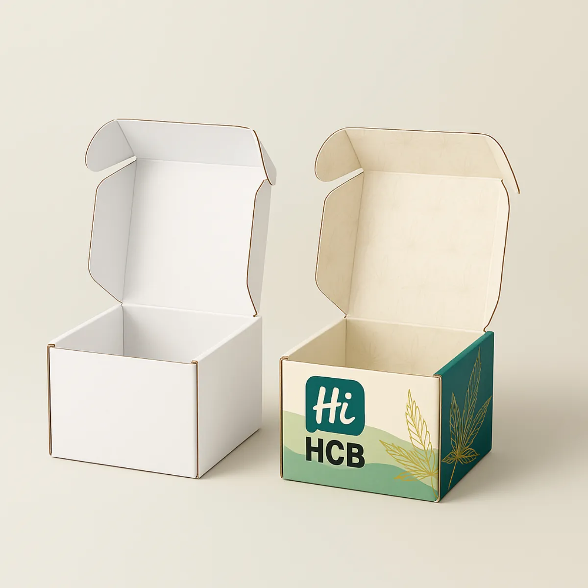 Two square mailer-style boxes- one plain white and one custom printed in green and beige with cannabis leaf artwork and Hi HCB branding- Both boxes are shown open with inner flaps visible- class=