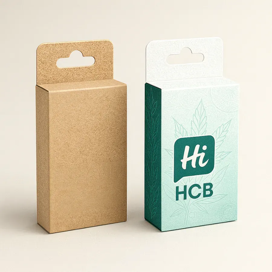 Custom CBD pre-roll packaging with hanger tab- showing kraft and printed design class=
