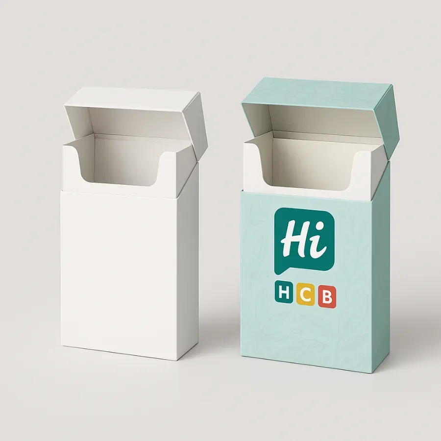 Custom pre-roll packaging boxes- cigarette-style carton- blue with leaf pattern class=