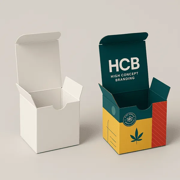 Open CBD boxes one plain white one printed with HCB branding and design