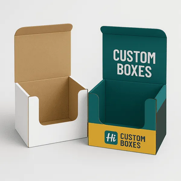 Two CBD display boxes one plain one branded with Hi Custom Boxes and HCB logo class=