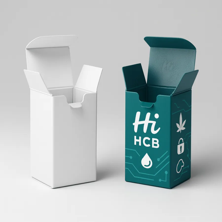 Tall custom child-resistant box for oil or e-liquid- featuring a protective tuck end- class=