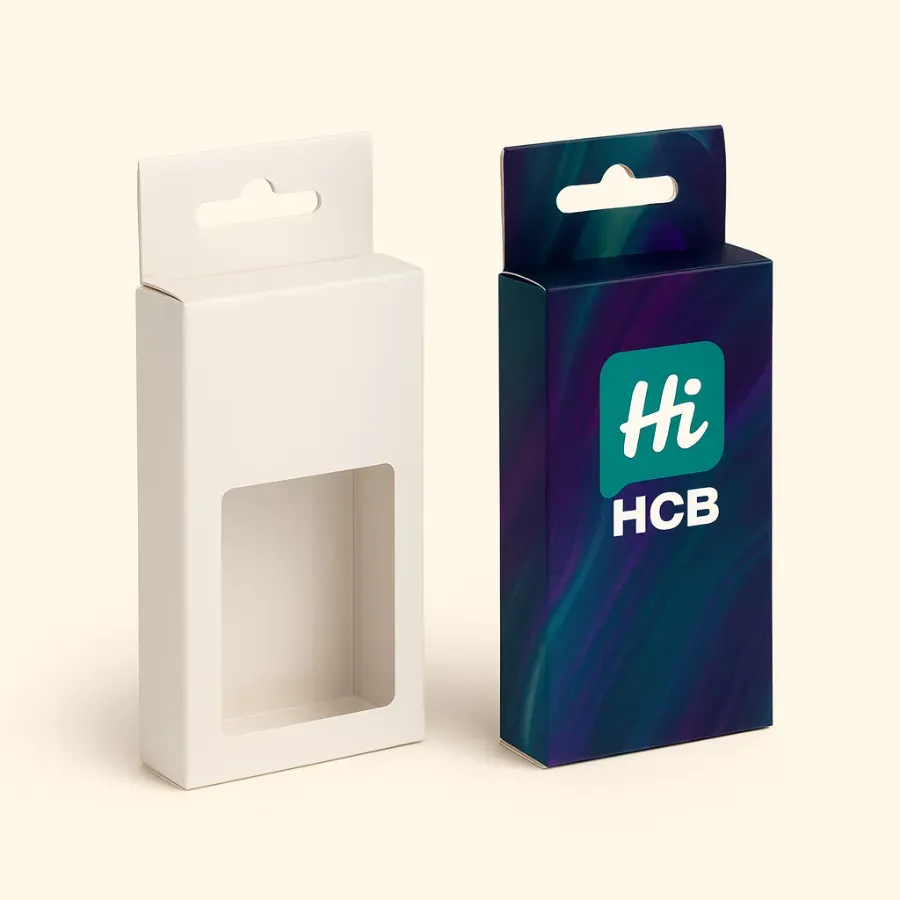 Custom e-liquid boxes with a hang tab -or euro hook- and a clear window cutout for retail hanging displays- shown in a branded design and a plain white version class=