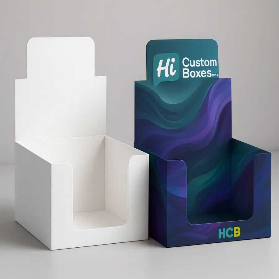 Custom branded countertop e-liquid display boxes -or point-of-sale display box- featuring a vibrant design and branding next to a blank white display unit class=