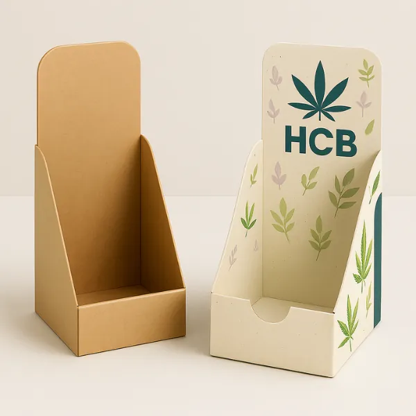 Hanging tab boxes for retail display- one plain white and the other custom printed with beige kraft texture- green side panels- hemp icons- and -HCB Hemp Oil- branding- class=