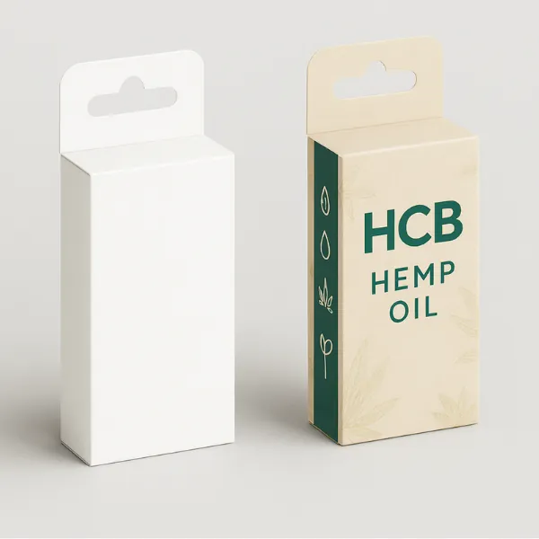 Kraft and custom printed cardboard display boxes with tall back panels- one plain brown and the other decorated with green hemp leaf patterns and -HCB- branding- class=