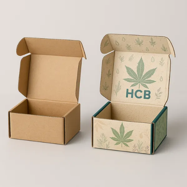 Mailer style kraft boxes- one plain and the other custom printed with green hemp leaf illustrations- small icons- and bold -HCB- branding inside and outside- class=