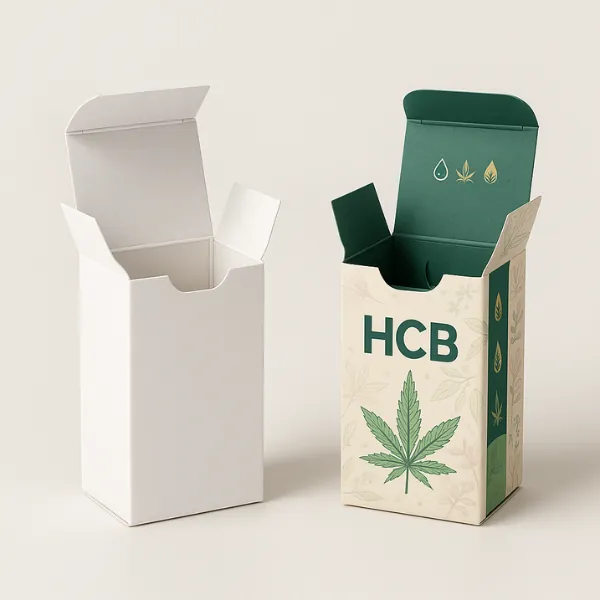 Plain white tuck-top box next to a custom printed hemp packaging box with green cannabis leaf graphics and -HCB- branding on the front and inside flap-