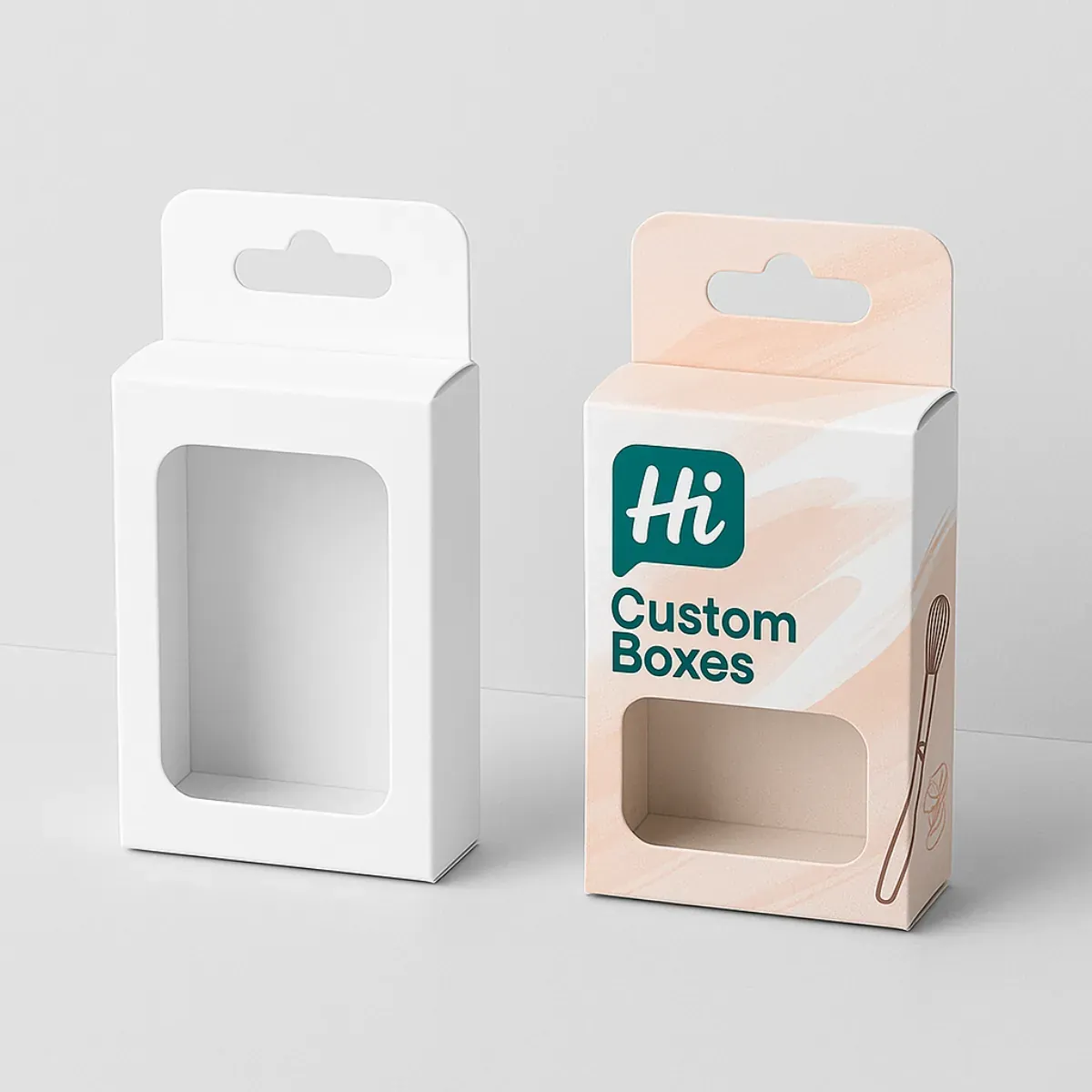 Two hanging display boxes for cosmetics- The plain box on the left has a transparent window- while the right box has -Hi Custom Boxes- branding with peach and teal design class=