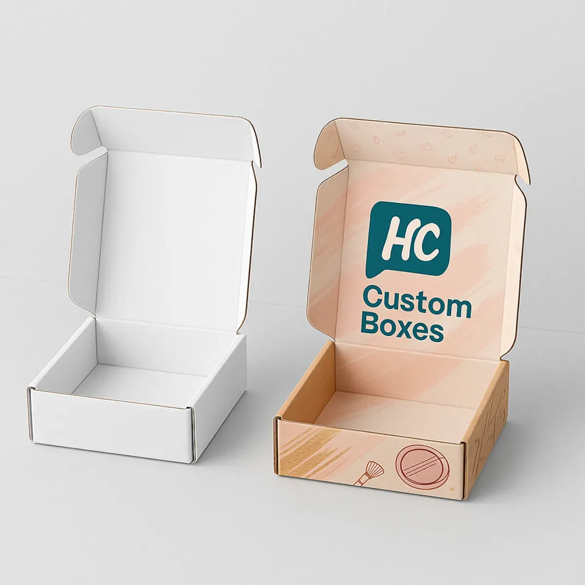 Two cosmetic mailer boxes- One is plain white- while the other is custom-designed with -HC Custom Boxes- branding in teal and peach- featuring printed cosmetic icons inside the lid class=