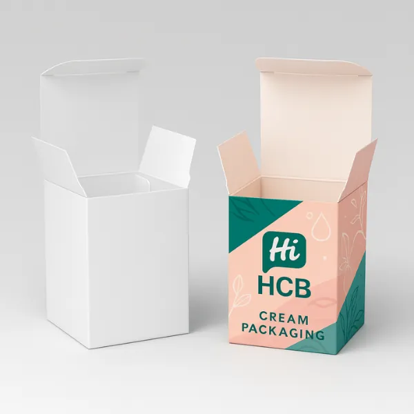 Tall tuck top product box mockup with plain white version on the left and a colorful printed design on the right featuring -Hi HCB Cream Packaging- text and pastel graphics-