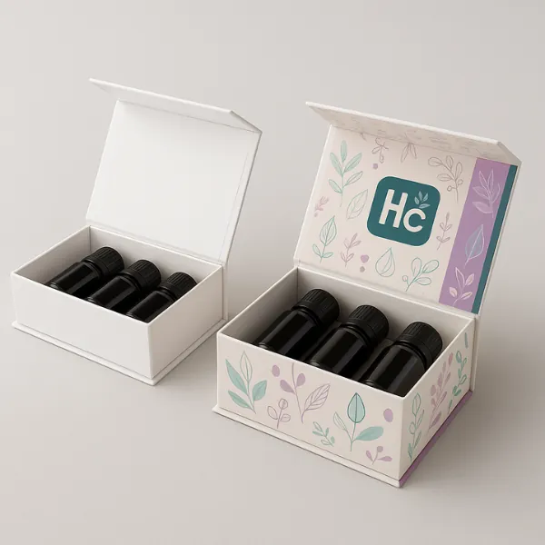 Two open mailer boxes- one plain white and one fully printed in teal- pink- and purple with Hi Custom Boxes branding inside the lid- class=