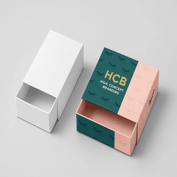 Clear eyelash boxes with sliding drawer design shown in blank and custom printed lash themed styles class=