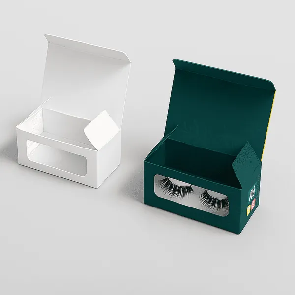 Clear eyelash boxes with sliding drawer design shown in blank and custom printed lash themed styles class=
