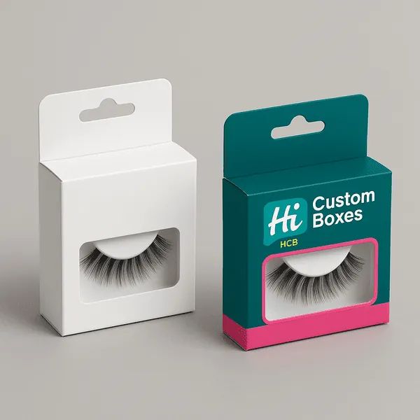 Custom eyelash packaging boxes with clear window and hang tab shown in plain and printed designs class=