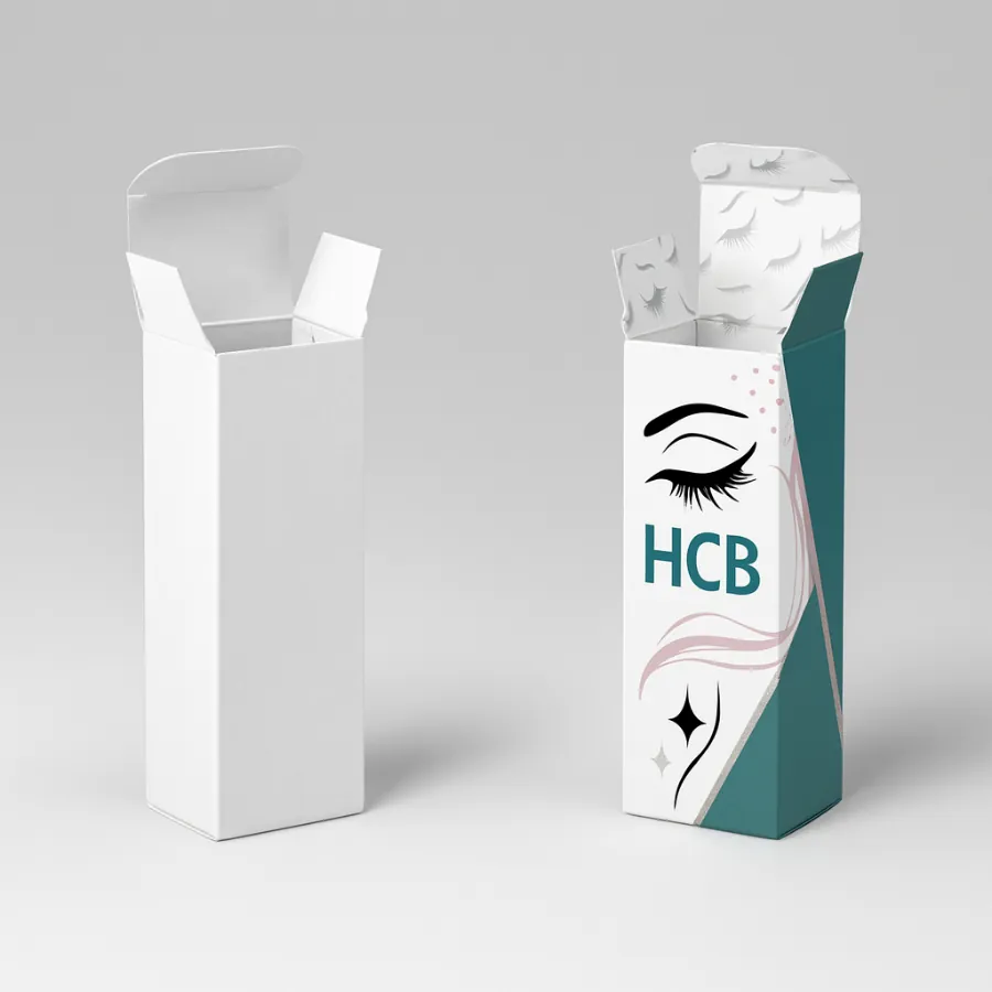 Tall tuck-top lash boxes- one plain white and one custom printed with HCB logo- eye and lash graphics- and teal sides- with printed lash patterns on the inside flaps class=