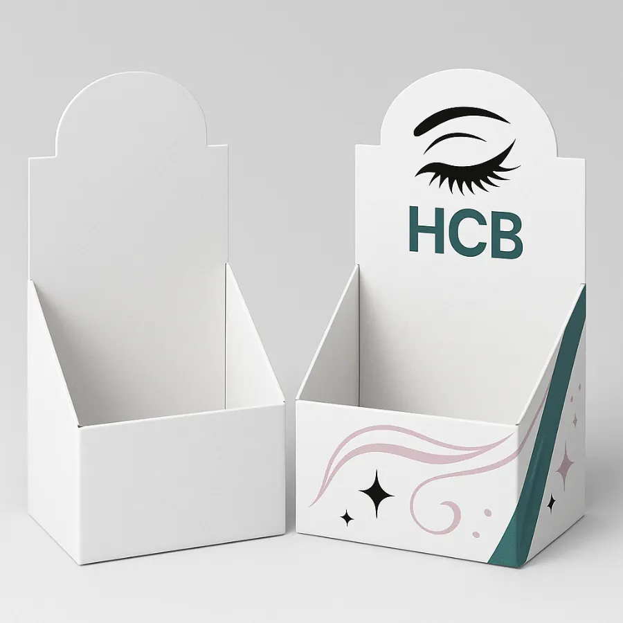Counter display lash boxes- one plain white and one custom printed with HCB branding- large eyelash artwork- swirled pink lines- and black star icons on the front panel class=