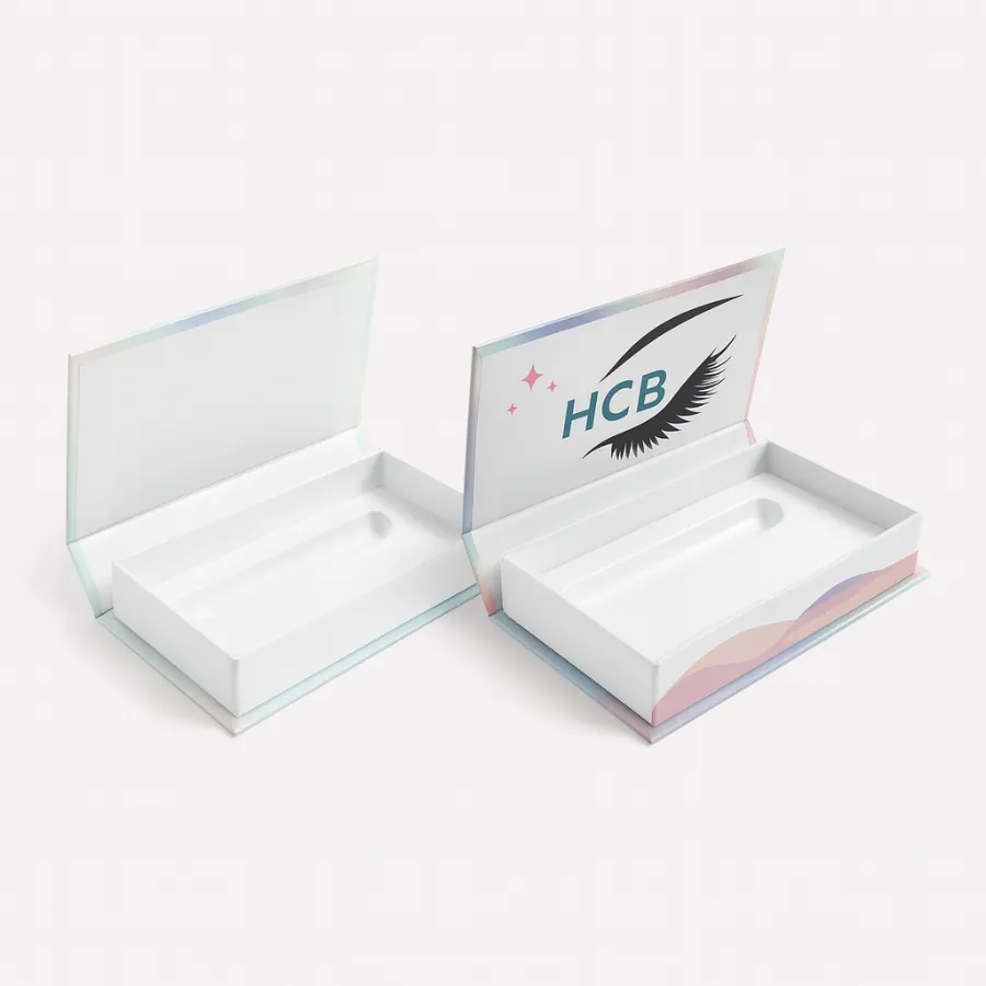 Open rectangular rigid boxes for lash packaging- one plain white and the other printed with pastel wave designs- showing HCB branding and lash artwork inside the lid class=