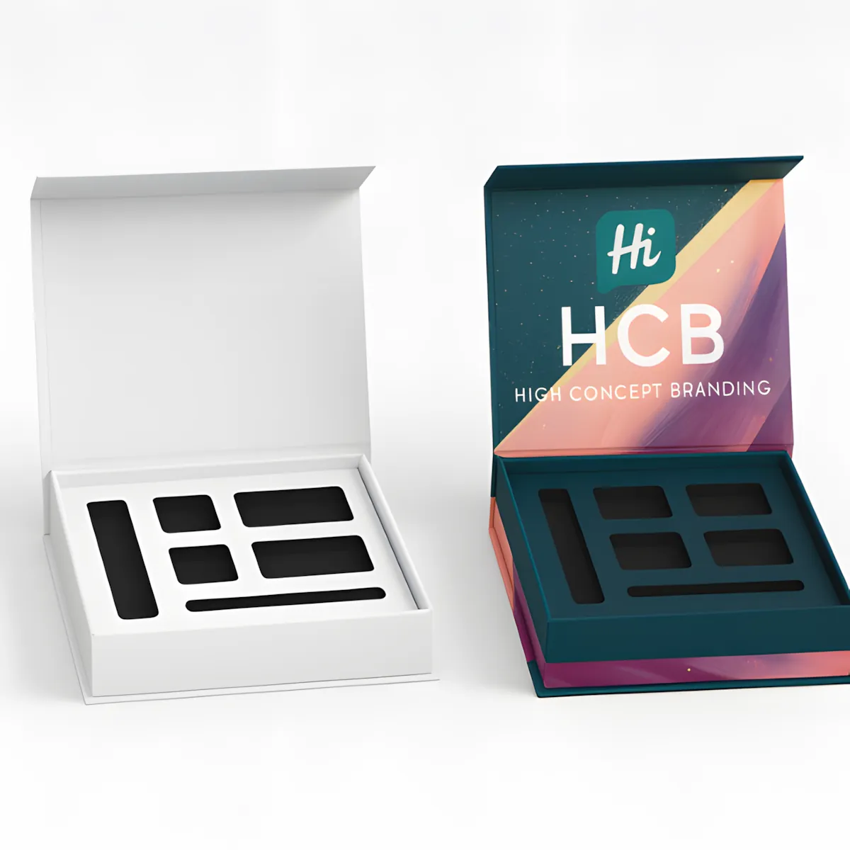 Luxury packaging box mockup- plain white version and printed version with teal and pink floral artwork- showcasing jars inside compartments- class=