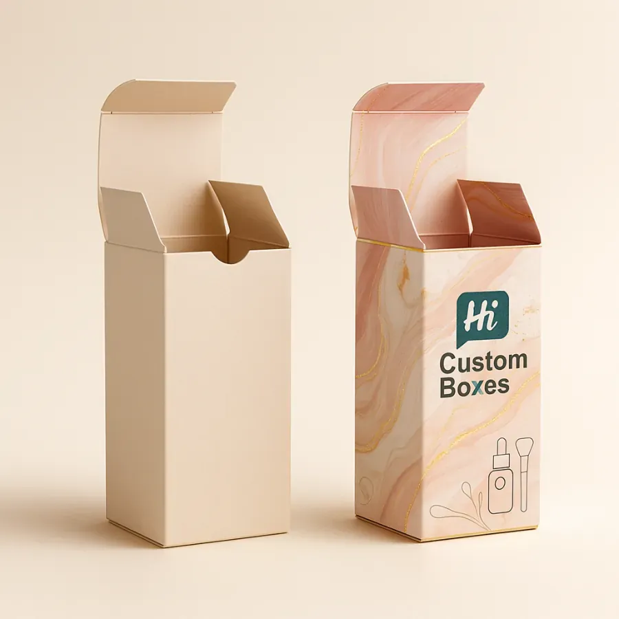 Tall custom foundation cartons with marble artwork and icons- tuck-top with thumb-cut for easy opening