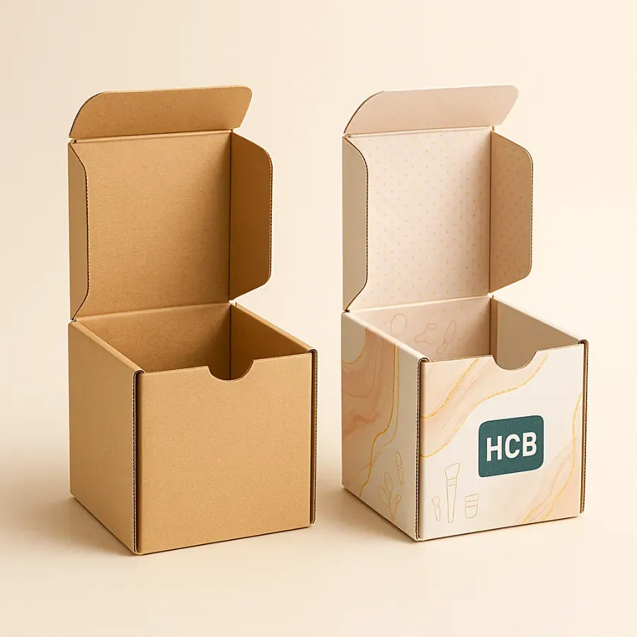Kraft and printed tuck-top foundation boxes with thumb-cut- open to show roomy interior and neat die-cuts class=