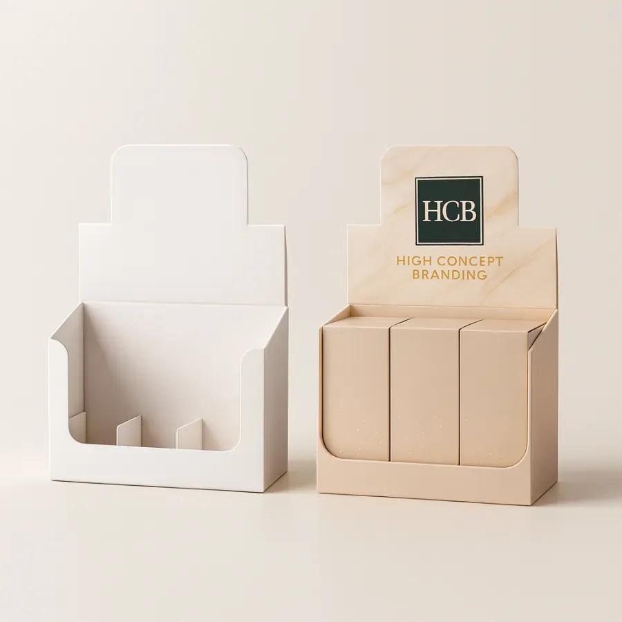 Counter display box for foundation with branded backboard and three product slots alongside a plain white version class=