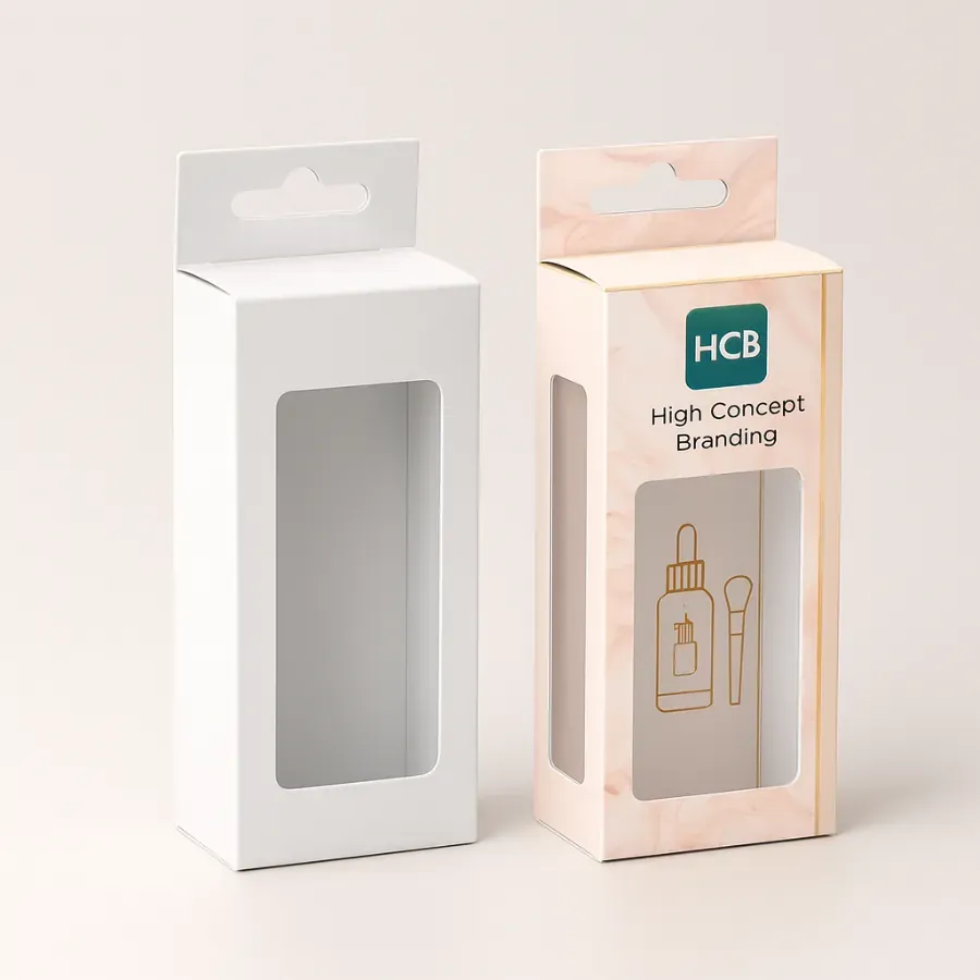 Window foundation packaging boxes with euro-hole hanger- blank and HCB marble-print versions class=