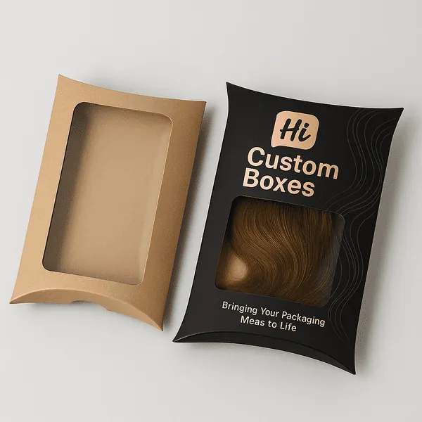 Curved pillow style hair box with kraft back and windowed printed front packaging class=