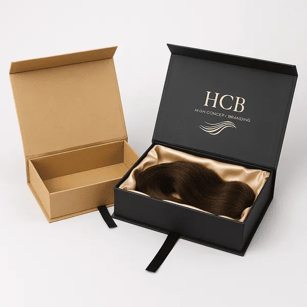 Luxury hair extension box with satin lining and HCB logo next to a plain kraft magnetic box class=