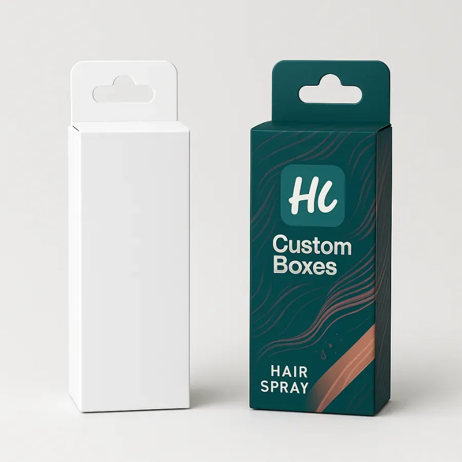 Custom hanging tab packaging box design for hair spray- One plain white box and one printed box in teal with wave graphics and Hi Custom Boxes branding class=