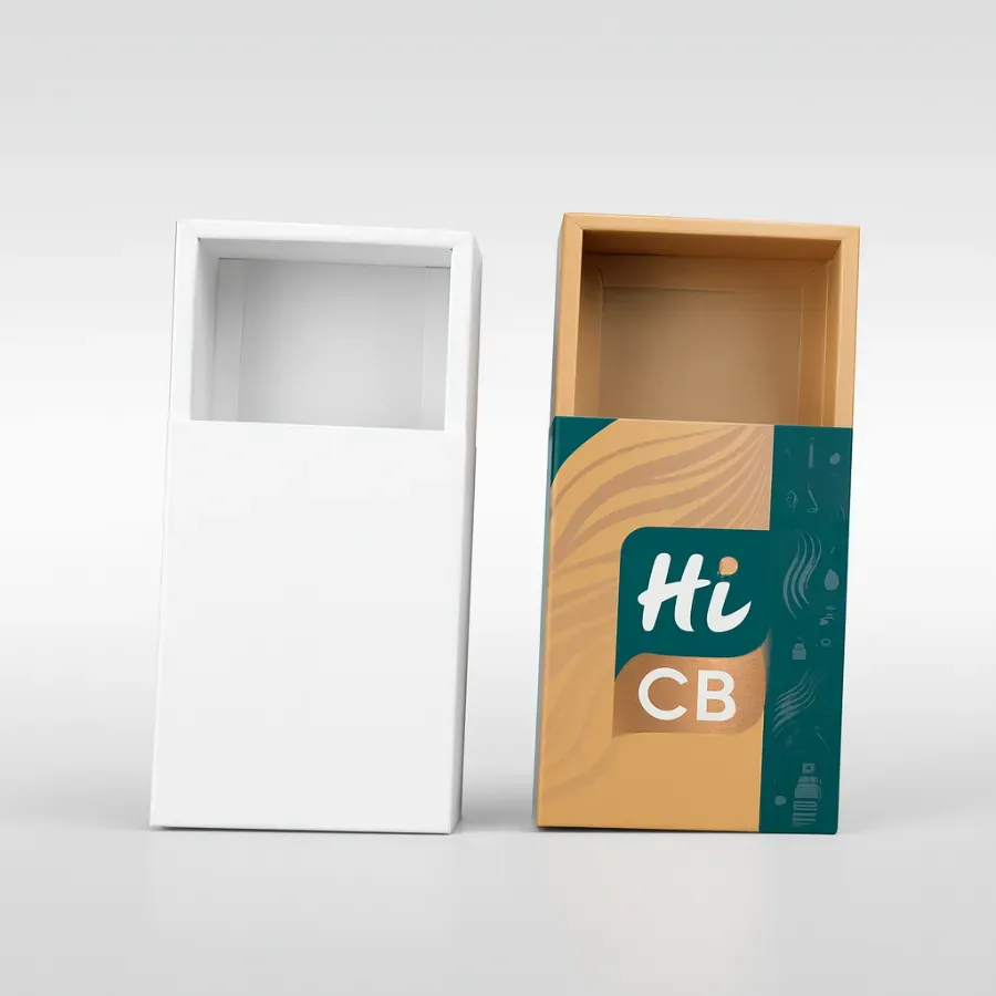Custom rectangular drawer-style box with pull tab- One plain white sample and one printed version with Hi CB branding in teal and golden color accents class=