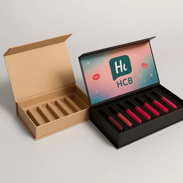 Custom lip gloss packaging boxes with inserts for 6 tubes shown in kraft and printed magnetic styles class=