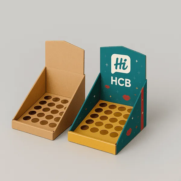 Custom lip gloss display boxes with 24 slot insert shown in kraft and printed branded versions class=