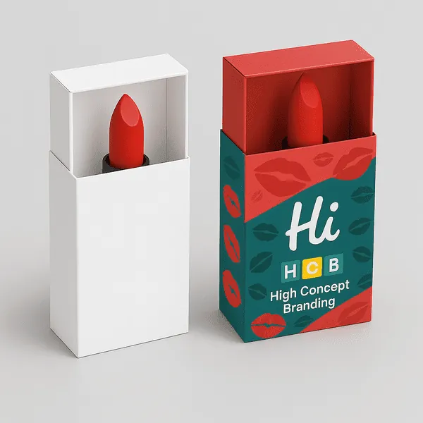 Two lipstick drawer boxes one plain white and one printed with Hi HCB branding and red lip designs
