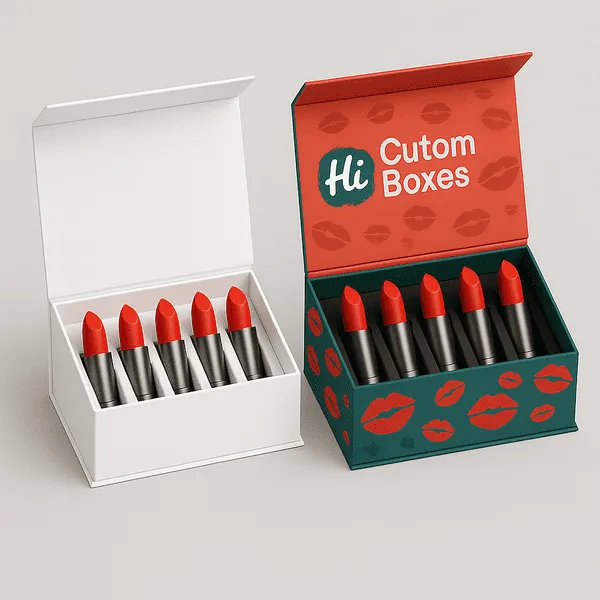 Two open lipstick gift boxes one plain white and one printed with Hi Custom Boxes and red lip graphics class=
