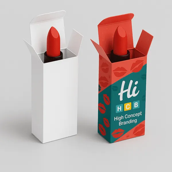 Two open lipstick boxes one plain white and one printed with Hi HCB branding and red lip graphics class=