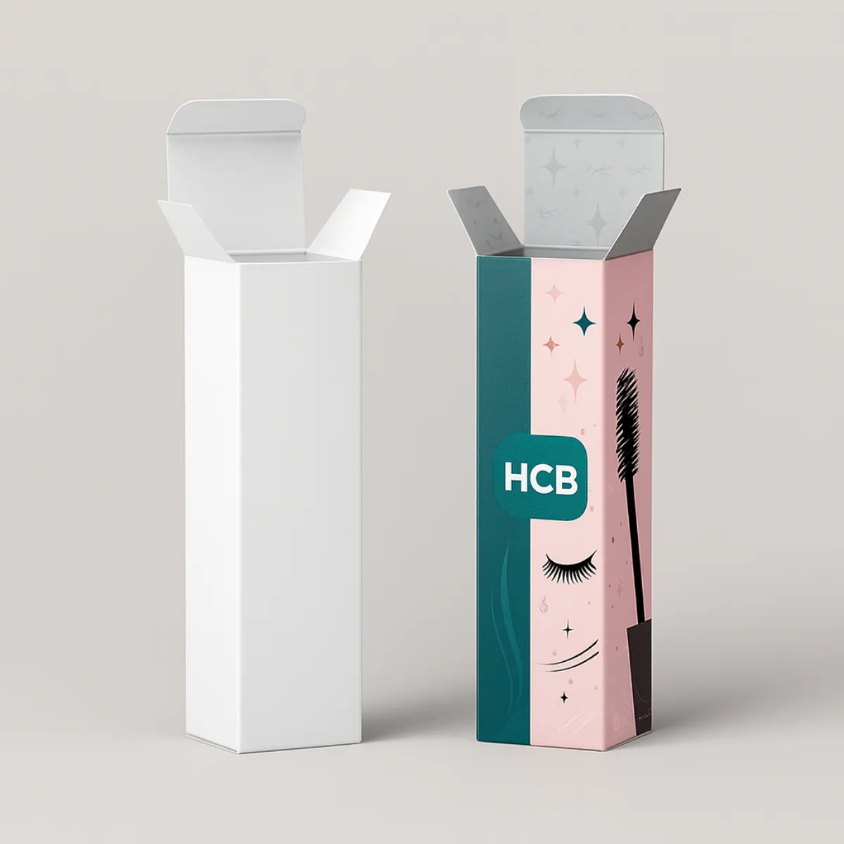 Custom mascara packaging boxes- one plain white and one designed with eyelash and mascara wand illustration in pink and teal colors-
