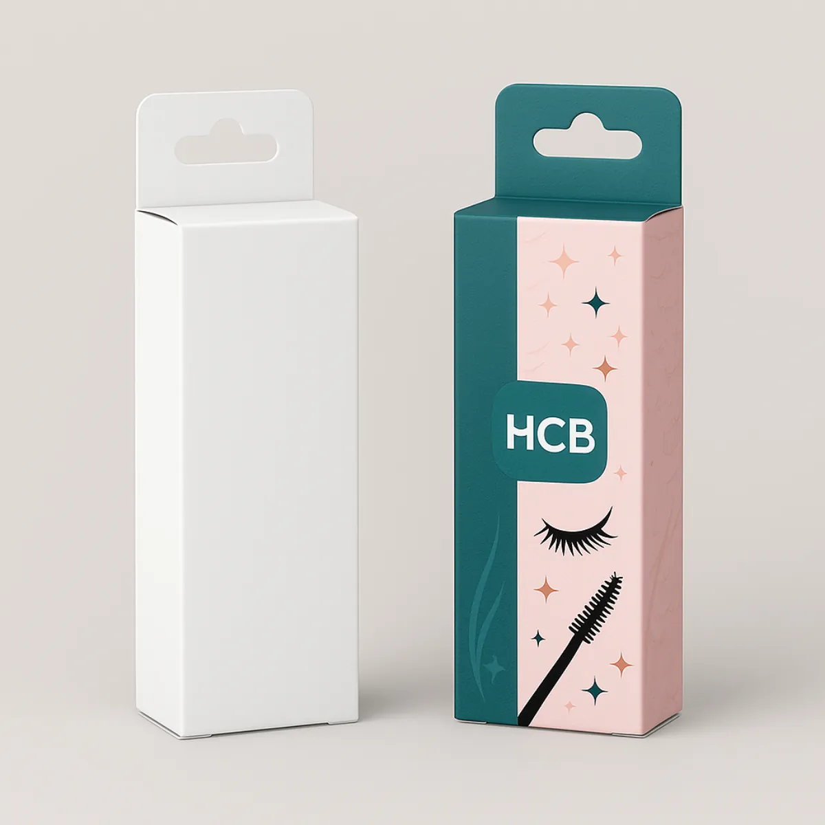 Custom hanger mascara boxes- one blank and one printed in teal and pink with eyelash graphics and hanging tab for retail display- class=
