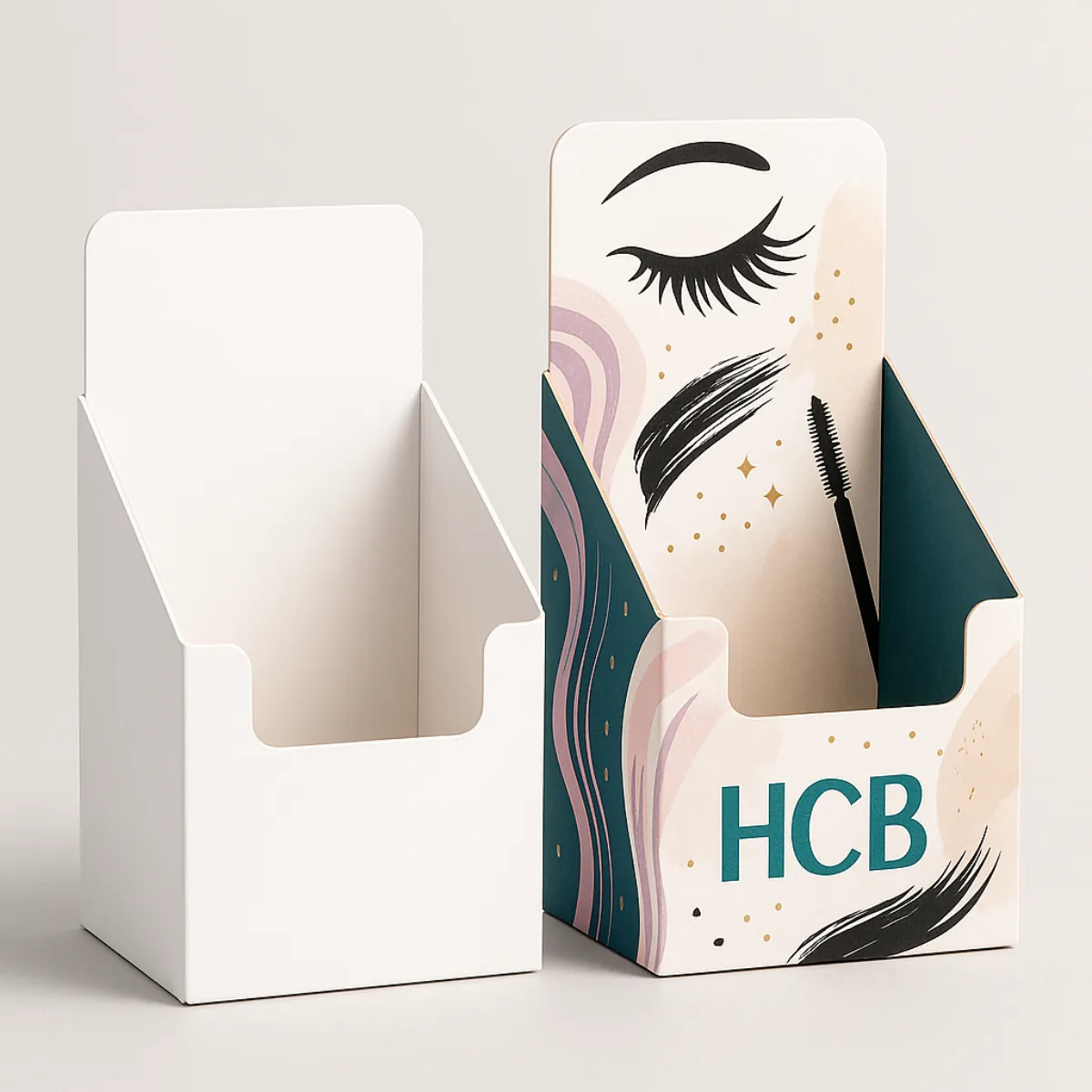 Custom mascara counter display boxes- one blank white and one decorated with bold eyelash graphics in teal- black- and pink- designed for retail presentation- class=