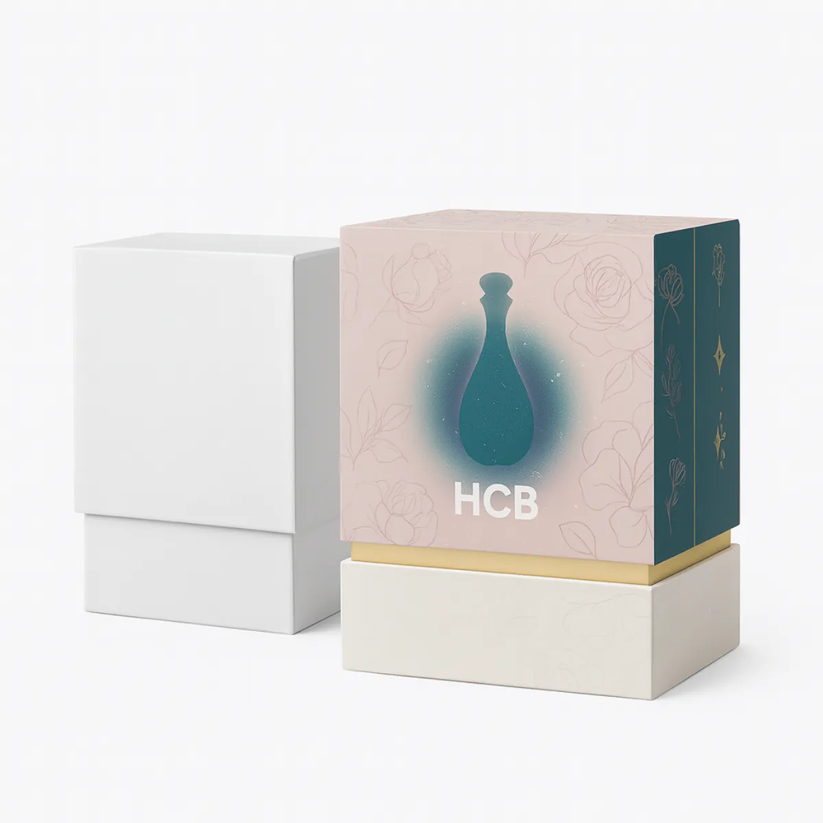 Two open gift boxes- left is plain white with black interior- right is teal with floral design and -HCB- text