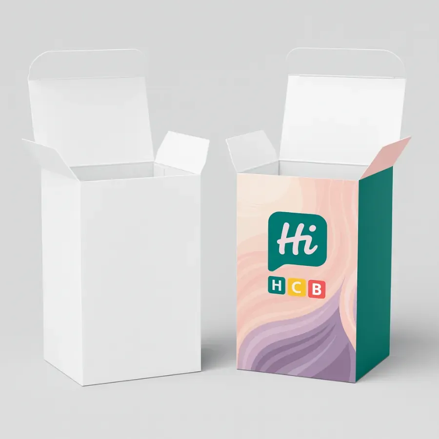 Custom shampoo boxes with pastel abstract design- featuring HCB branding- shown open and closed